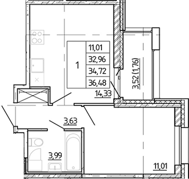 1-комнатная квартира 32.96 м², 11/12 эт., ЖК «Полис Новоселье»